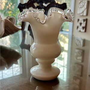 Vintage FENTON 1940,s tall  Glass Ruffled White Milk Glass Vase 7 in
